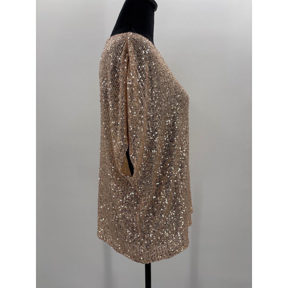 Amaryllis Women's XL Gold Sequin Knit Top Short Sleeve Sparkly Glam Party Dressy - Picture 2 of 7